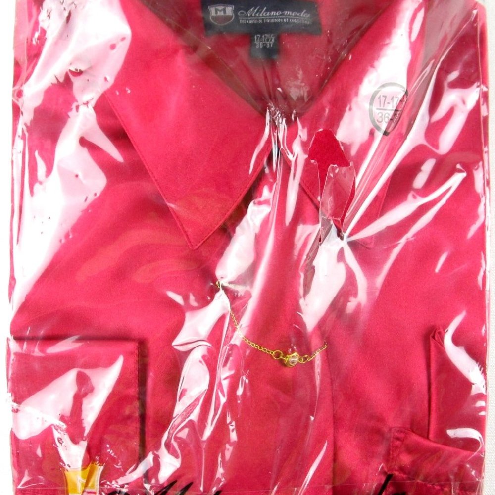 NWT Milano Moda Men's Shiny Red Satin 4 Pc. Dress Shirt Set, 17-17.5 (36/37)